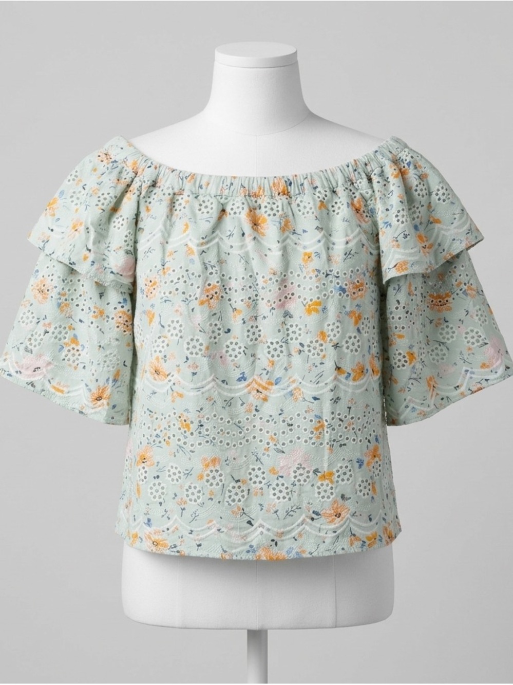 Anthropologie LAIA 100% Cotton Floral Eyelet Off Shoulder Ruffle Sleeve Top Sz L